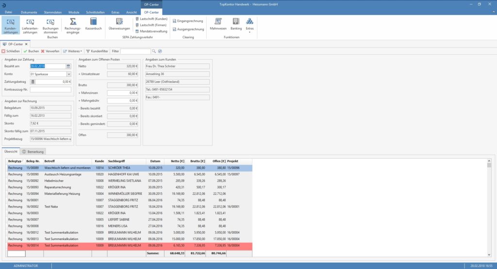 Screenshot von Topkontor-Handwerk Software OP-Verwaltung
